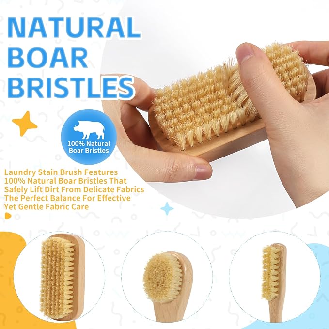 DEBETOOL 3-Piece Laundry Brush for Stains on Clothes, Gentle Boar Bristl | Laundry Scrub Brush Stain Remover for Delicate and Everyday Fabrics, Wooden Handheld Spot Cleaning Tool