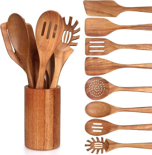 9 Pcs Wooden Spoons for Cooking Utensils with Utensil Holder Teak Wood Kitchen Utensils Set Flat Wooden Spatula Cooking Mixing Spoons Spaghetti Spoon Slotted Turner Scraper Spatula Large Utensils