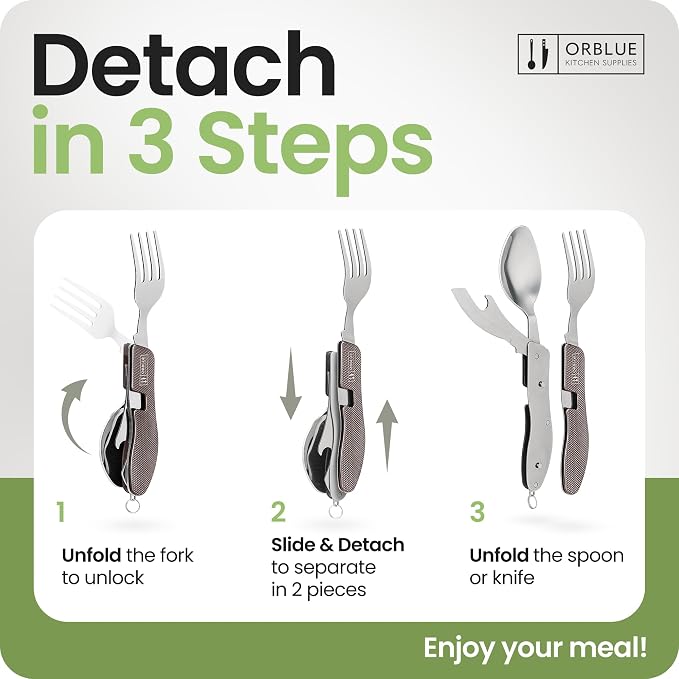 Orblue 4-in-1 Camping Utensils, 2-Pack - Portable Stainless Steel Spoon, Fork, Knife & Bottle Opener Combo Set - Travel, Backpacking Cutlery Multitool, Gray