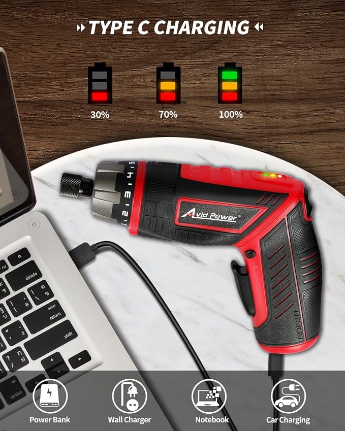 AVID POWER 4V Electric Cordless Screwdriver Set 5.65Nm 11 Bits - RED | 5.65Nm, 5+1 Torque Settings, 2-Position Handle, 11 Accessories, LED Light, for Precision Assembly & Furniture Installation