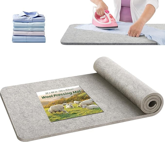 BREENHILL Wool Pressing Mat 22" x 60" –Extra Large Thick Felt Ironing Pad for Quilting, Sewing, Crafting –Wool with Bonus Heat-Resistant Iron Rest–Portable and Durable Ironing Surface（Light Gray）