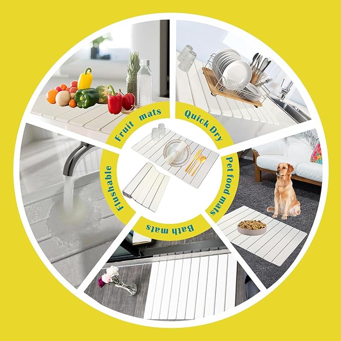 Large Stone Drying Mat for Kitchen Counter, 24"x16" Fast-Drying Super-Absorbent Diatomaceous Dish Drying Mat, Collapsible Dish Drying Stone for Dishes, Bottles, Cups, Any Countertop