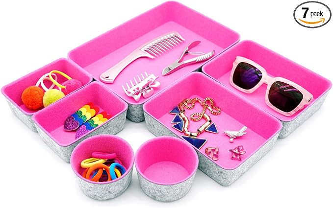Welaxy Drawer organizers bins felt trays desk storage dividers small round organizing box for office supplies closet cabinet makeup holder 7-piece (Hot pink)