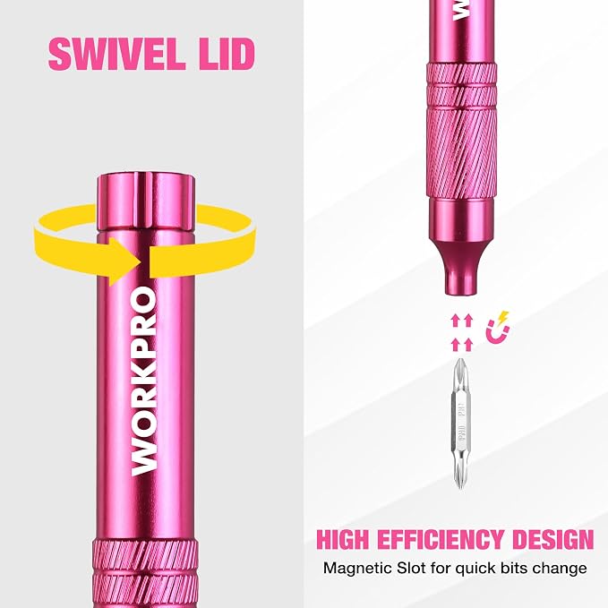WORKPRO 24 in 1 Multi Bit Mini Screwdriver Set Magnetic, Pink | Manual Pen Screwdrivers, Tough S2 Steel Small Screwdriver Bits for Eyeglass, Watch, Laptop, Phone, Jewelry and Electronic