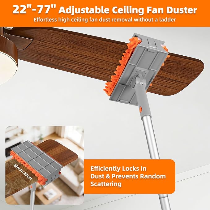Ceiling Fan Cleaner Duster with 6 Ft/77'' Extension Pole, Multi-Functional | Fan Cleaner Duster Brush Kit for Clean Fan Blade, Baseboard, Blind, Cobweb, High Ceiling Walls - Reusable & Machine Washable