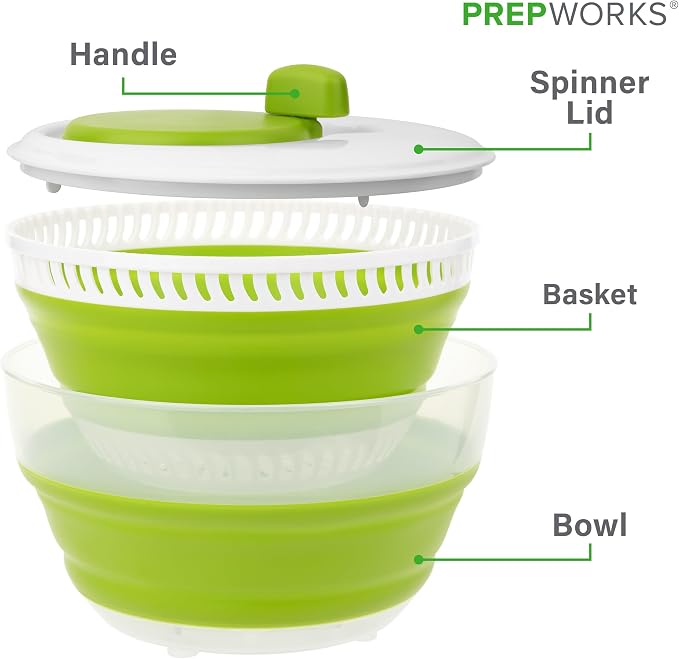 PrepWorks 3 Qt Collapsible Salad Spinner – Space-Saving, Easy-to-Use, BPA-Free, for Quick Salad Washing & Drying, Dishwasher Safe