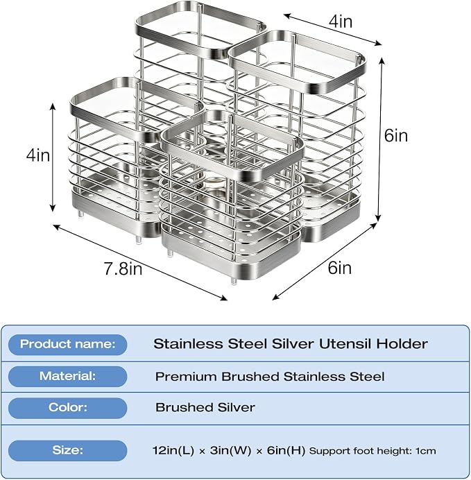 Utensil Holder, Stainless Steel Utensil Drying Rack for Kitchen Counter, Silverware Cutlery Flatware Holder Forks, Knives, Spoons, Chopsticks Organizer (2 Large + 2 Small)