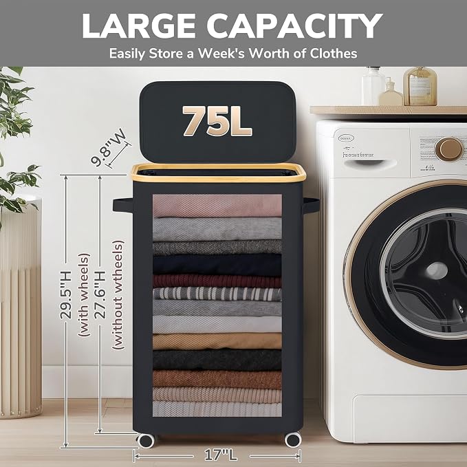 Goodpick 75L Slim Rolling Laundry Hamper with Bamboo Frame, Black | 17 × 9.8 × 29.5 in, Lid Design, Removable Laundry Bag, Bedroom, Bathroom & Home Decor, Clothes & Bedding Storage