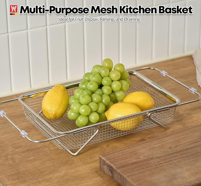 WAGENSTEIGER Extendable Dish Rack with Feet, Vegetable Colander Basket, Stainless Steel Dish or Silverware Drying Rack, Ultimate Kitchen Organizer Over the Sink (11.81 x 8.27 x 2.76 Inches)