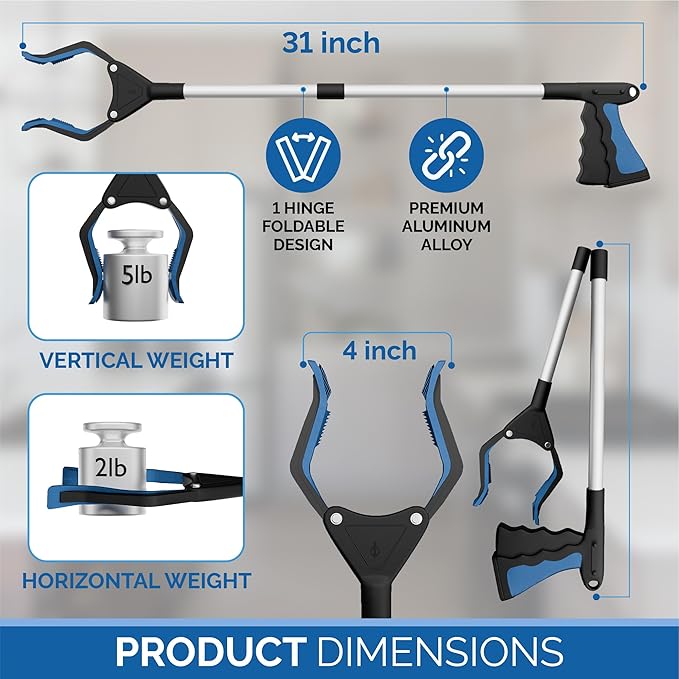 FitPlus 2024 Upgrade PowerGrip T9, Grabber Reacher Tool, Wide Jaw, Foldable, Steel Cable, with 96 Grip Points for Firm Grip, 32" with Magnet