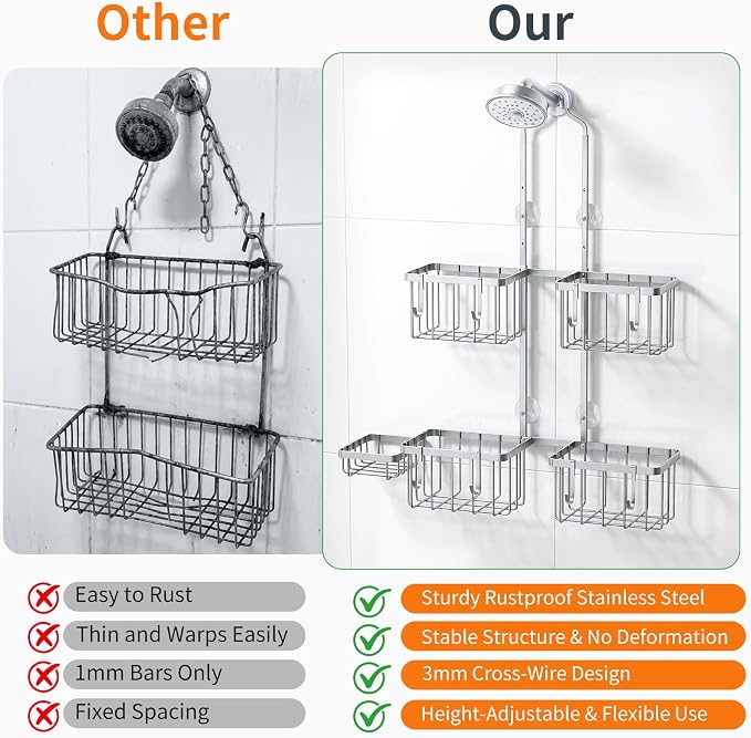 Luxspire Shower Caddy Hanging over Shower Head,Rustproof Adjustable Shower Rack Hanging No Drill,Thickened Stainless Steel Shower Organizer and Storage for Inside Shower with Hook Soap Holder,Silver