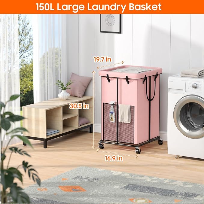 Laundry Hamper with Wheels, 150L Rolling Laundry Basket with Bag & Handles | Sturdy Metal Frame | Removable Bag | Large & Tall Dirty Clothes Hampers for Laundry Room, Bedroom, Dorm, Bathroom-Pink