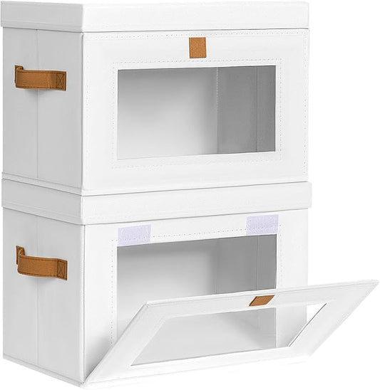 Homsorout Medium Fabric Storage Bins - Closet Shelf Organizer with Open Window, 2 Pack Closet Baskets for Shelves, Stackable Decorative Boxes for Home, Dorm, White, 13.7" x 9.8” x 9.8"