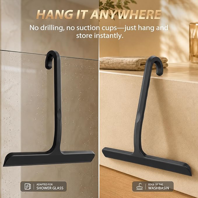 Silicone Shower Squeegee for Shower Glass Doors with Built-in Hook - One-Piece Seamless Bathroom Squeegee, Streak-Free Window Squeegee Cleaner Tool for Mirror, Tile, Countertop, Car Windshield (Black)