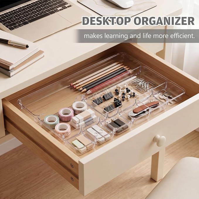 Junkin 4 Pcs Shallow Drawer Organizers 14" x 9" x 1" Desk Drawer Organizer Tray with 9 Storage Compartments for Home Office Classroom School Organizing Pens Paper Clips Sticky Notes (Clear)