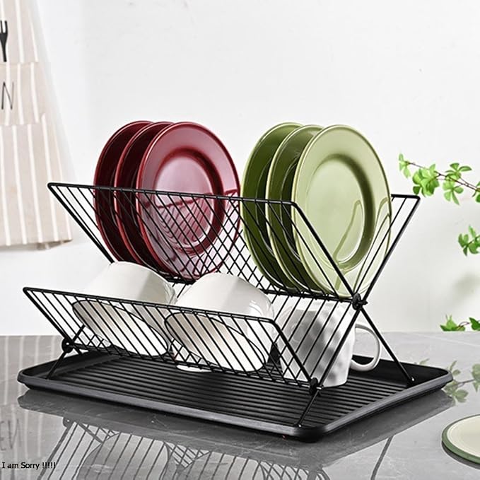 Black Foldable Double-Tier Dish Rack Large-Capacity Expandable Dish Rack, Rust-Proof Dish Rack, Draining Tray Suitable for Kitchen Worktops (Black)