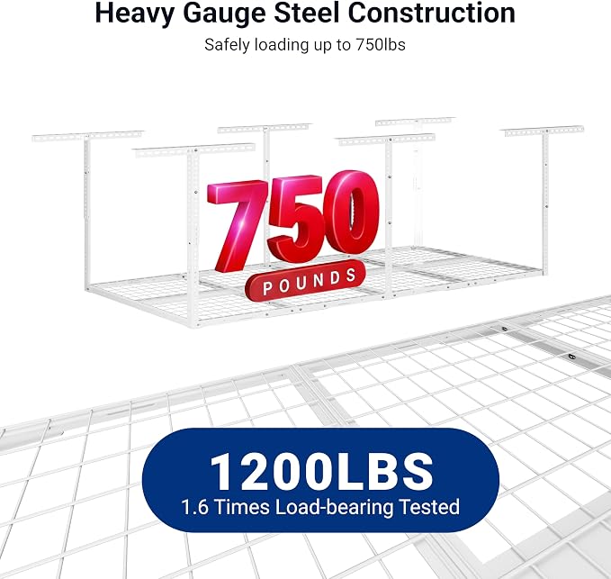 FLEXIMOUNTS 3x8 Overhead Garage Ceiling Storage Rack, Adjustable Garage Organization System, Heavy Duty Metal, 750lbs Weight Capacity, White, Classic Series