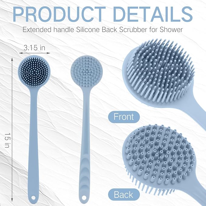 Sunnyray 2 Pack Silicone Back Scrubber for Shower with 15" Long Handle Double-Sided Bath Body Brush for Exfoliating Easy to Clean Quick Dry Deep Cleaning Lathers Well(Gray Blue)