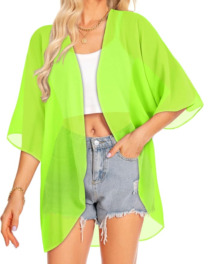 Women Kimono Cardigans Summer Cover Up Hawaiian Shirts Floral Print Tops | ROSEMIA chiffon kimono open front cardigans, beach cover ups, daily casual tops, cruise outfits, summer resort wear