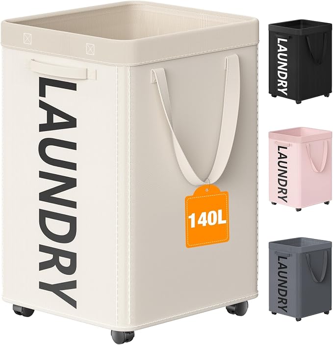 Optish 140L Laundry Hamper with Wheels, Rolling Laundry Basket with Removable Mesh Bag, Extra Large Clothes Hamper on Wheel for Bedroom, Bathroom, Dorm Room Essentials, White