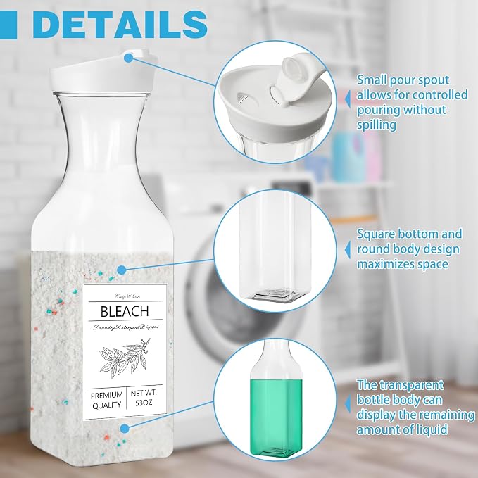 4 Pack Laundry Detergent Dispenser, 53oz Liquid Fabric Softener Dispenser,Plastic Laundry Detergent Containers with 10 PCS Label,White Lid