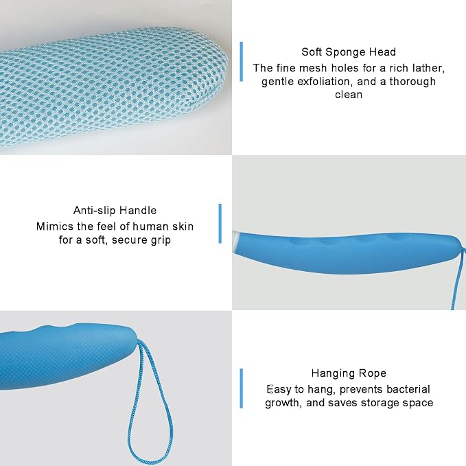 Back Scrubber for Shower, 15.35" Long Handle Shower Brush for Body, Back Brush for Shower for Men Women, Long Handled Bath Sponge for Deep Clean, Exfoliating, Anti-Slip Curve Handled Back Scrubber