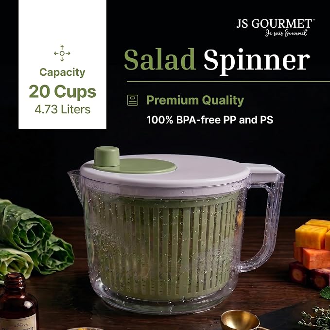JS Gourmet Salad Spinner – 4.73L (20 Cup), BPA-Free Manual Vegetable Spinner with Strainer Basket, Durable Kitchen Gadget, Easy Spin Dryer Bowl for Lettuce, Fruits & Greens