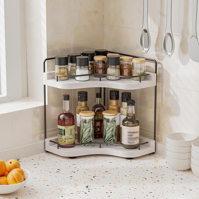 2-Tier Corner Bathroom Counter Organizer, Larger Size | Embedded Screw Holes, Sturdy & Stable, Oversized, Holds More, Vanity Shelf for Makeup & Skincare, White