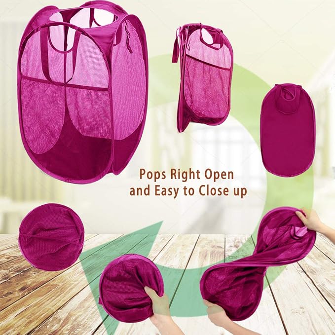 HOUSE AGAIN Strong Mesh Pop Up Laundry Hamper, 70L Collapsible Laundry Basket with Steel Frame, Double‑Stitched Handles & Side Pocket, Foldable Dirty Clothes Hamper for Dorm, Bedroom, Pink
