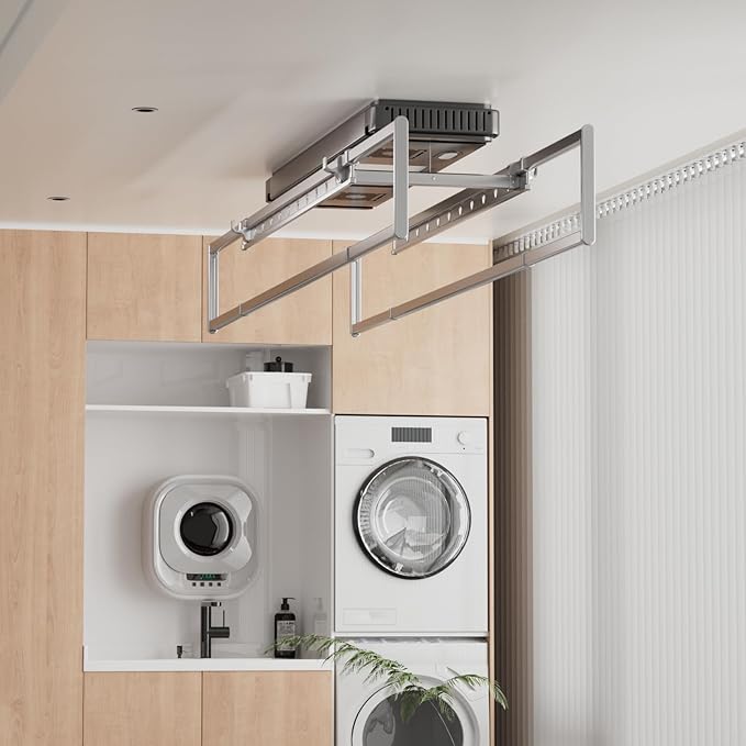 Electric Ceiling Clothes Drying Rack,with Drying/Remote 110V-120V | Light 24W,Ceiling Clothesline with Built-in Timer Heater,for Laundrys/Indoors /Garage/Small Space