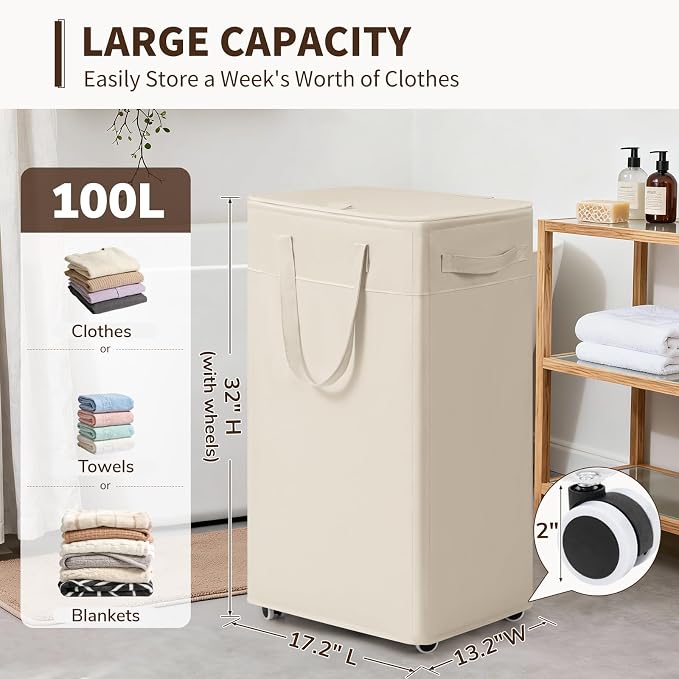 Goodpick 100L Collapsible Laundry Hamper with Wheels and Lid, White | Removable Wash Bag, Reinforced Handles, Home Organization, Laundry Room & Bathroom Storage, Clothes, Towels & Bedding
