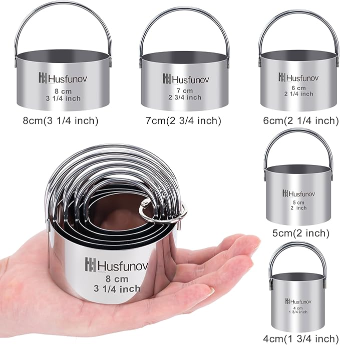 Husfunov Biscuit Cutter Set, Round Cookie Cutters with Handle | 5 Pieces Stainless Steel Circle Professional Baking Dough Tools for Cake