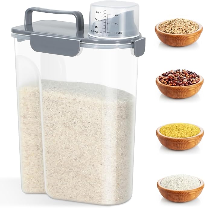 TBMAXS Rice Storage Container 10 Lbs, Airtight Food Dispenser with Large Spout and Cup for Pet Dog Cat Food Storage 7 Lbs | Portable Bird Seed Dispenser Cat Food Containers with Large Pour Spout for Travel Cereal Oatmeal Holder with Measuring Cup