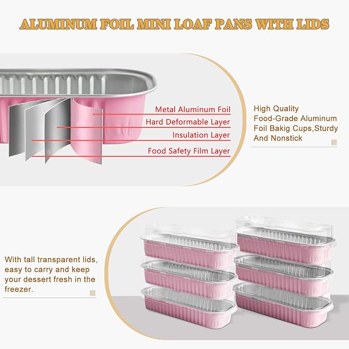 Mini Cake Pans with Lids and Spoons 200 Pack, Mini Loaf Pans with lids 6.8oz, Small Disposable Aluminum Foil Loaf Pans, Rectangular Baking Container for Party, Picnics and Birthday (Pink)
