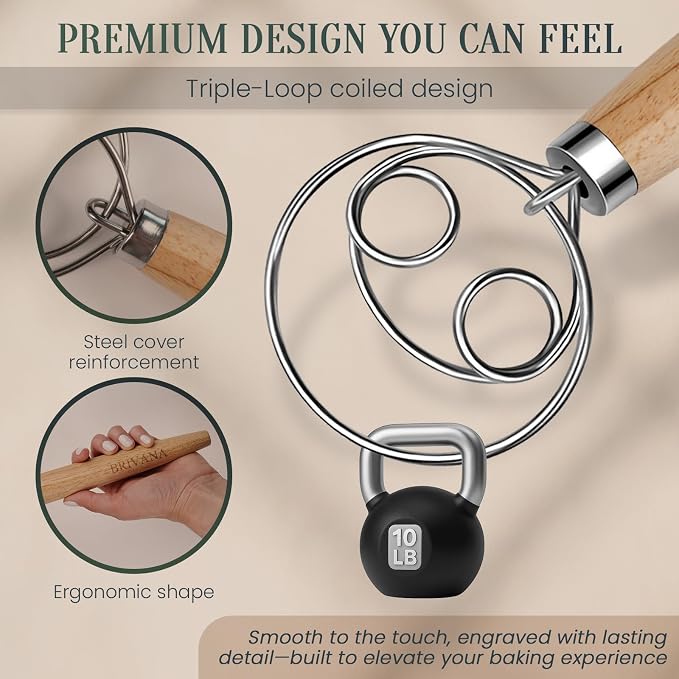 13-Inch Danish Dough Whisk, Wooden Handle with Stainless Steel Double Loop Dough Hook, Dough Whisk for Sourdough, Pizza, Cake Batter