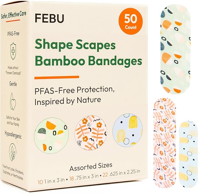 FEBU Shape Scapes Print Bamboo Fabric Bandages, 50 Count Strips | PFAS Free, Flexible Fabric, Natural Hypoallergenic for Scraps, Cuts and First Aid, Compostable, Latex Free