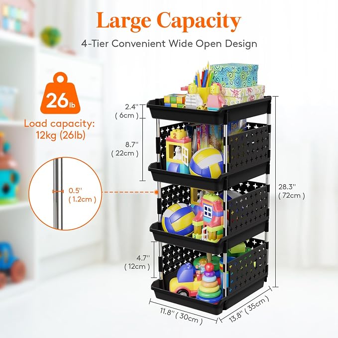 Lifewit Plastic Stackable Storage Baskets, 4 Tier Stacking Bins for Food and Clothes, Multifunctional Organizer for RV, Kitchen, Playroom, Pantry, Black, 35 x 30 x 72 cm/14 x 12 x 28 inch, 1 Pack