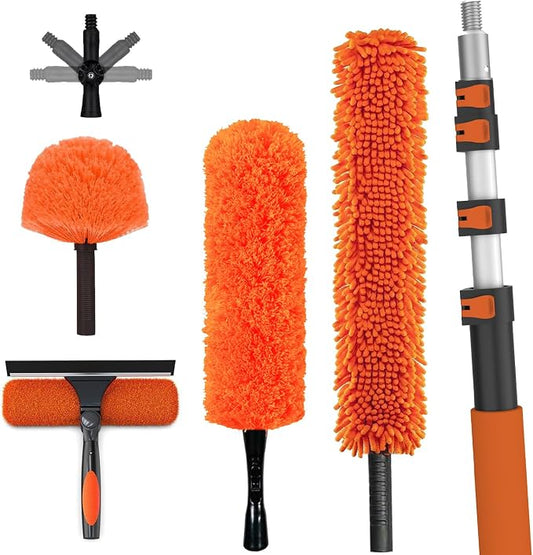 LAANPOLE 20FT High Reach Duster Cleaning Kit with Extension Pole, High Ceiling Fan Cleaner Duster Tool for Fan Blades, Window Washing Kit with Microfiber Feather Duster & Window Squeegee