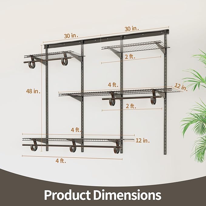 PROWORX 4-6 Ft. Expandable Closet Organizer System, Gray Custom Metal Wire Closet Shelving, Organizers and Storage Shelves Wall Mounted with Hanging Rods