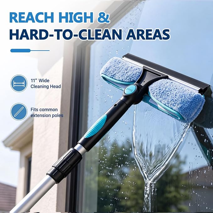 4 Pcs 11" Swivel Window Squeegee and Microfiber Scrubber 2 in 1 Cleaning Washer Cleaner Supplies for Windows, Shower Rooms, Car Windows, Without Extension Pole