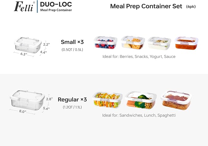 Felli Duo Loc Tritan Containers for Reheating Microwave Safe Box, Airtight Food Storage for Fridge Freezer, On The Go Lunch Container for Adults for Weekly Meal Plan Picnic Travel (6pk)