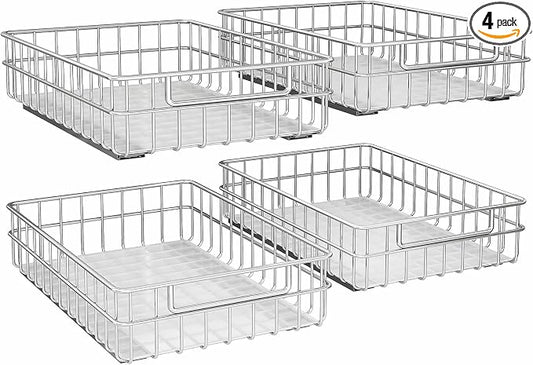 Pull out Cabinet Organizer, Stainless Steel 4-Pack (13.8"W x 21"D) Full-Extension Slide out Drawer, Adhesive Roll out Can Spice Storage Basket Shelf Rack for Pantry, Kitchen, Bathroom, Home Closet
