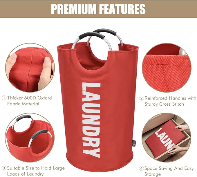 DOKEHOM 90L Large Laundry Basket Bag, Collapsible Tall Hamper, Red | Freestanding tall washing bin & foldable laundry bag. High-capacity clothes storage basket with durable sturdy handles