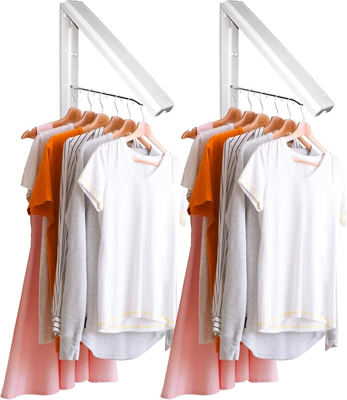 InstaHanger Wall Mounted Clothes Drying Rack - 60lb Capacity (Pack of 2) | Wall Mounted Laundry Drying Rack Folds Flat When Not In Use - Collapsible and Space Saving Laundry Hanger for Storage
