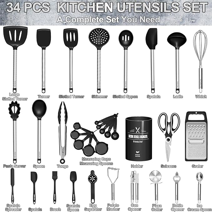 Kitchen Utensils Set-Umite Chef 34 Pcs Silicone Cooking Utensils Set for Nonstick Cookware-Silicone Spatulas Set, Stainless Steel Handle-Black Kitchen Gadgets Tools, Pots and Pans Accessories