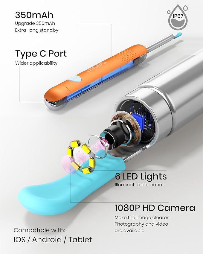BEBIRD R1 Wax Removal Tool for Ear - Spade Ear Canal Cleaner with Camera 1080P Earscope, Wax Remove Ear Picker with Vari Replacement Tips, Camera with 6LED Light, Orange