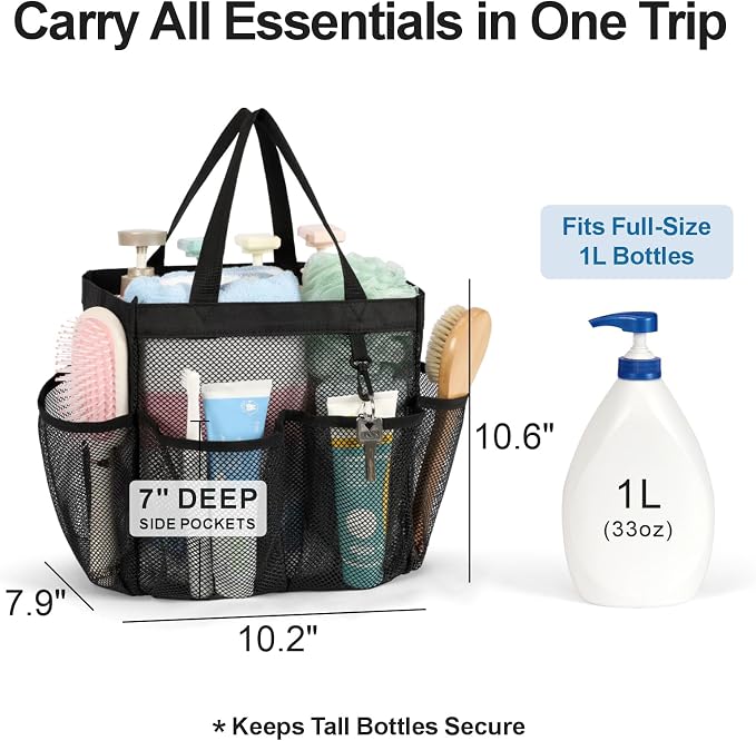 Mesh Shower Caddy Portable - 8 Pockets, S-Hook, Shower Bag for Dorm Camping | 2-Handle, Quick-Dry, Hanging Toiletry Organizer, College Dorm Room Essentials for Girls, Gym, Travel & Bathroom, Black