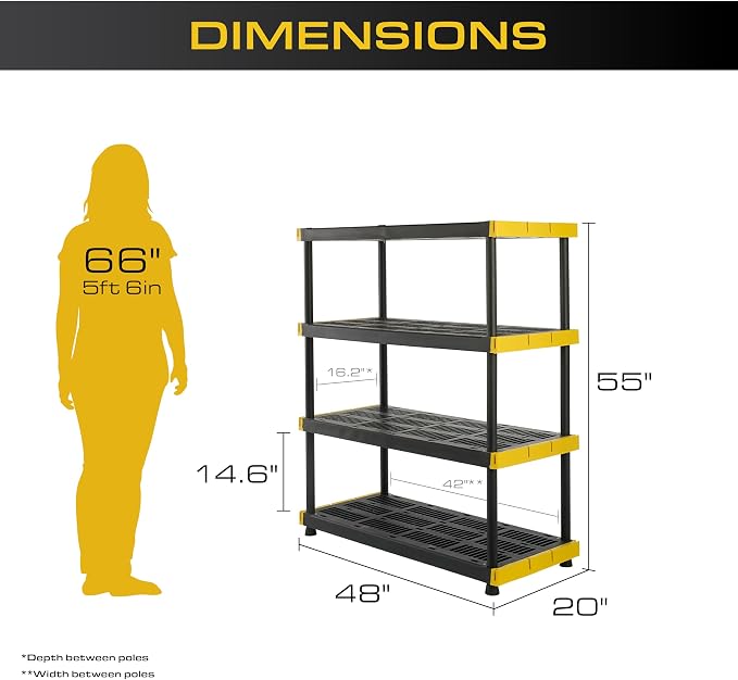 CX Black & Yellow, 4-Tier Heavy Duty Plastic Storage Shelves that Support up to 200lbs/shelf, Organization and Storage, Weather-Resistant Design, Easy Assembly (55" H x 48" W x 20" D) | Freestanding garage utility rack with easy assembly, 4 shelves at ...