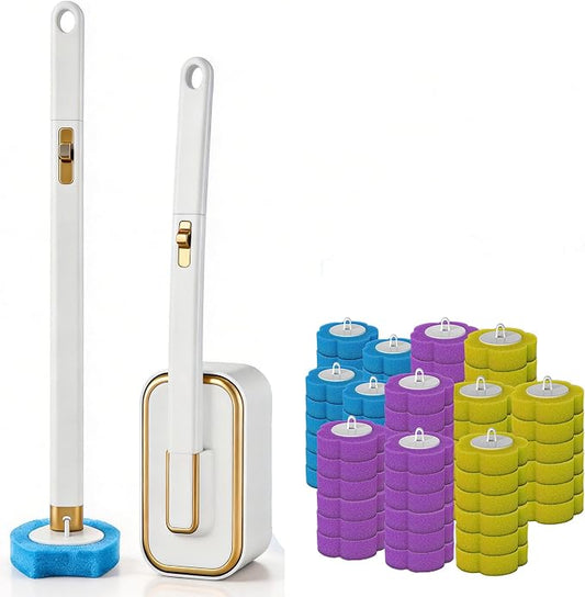 Disposable Toilet Brush with 54 Refills Holder Wall Mount Scrub Kit | Built-in cleaner, Ergonomic wand, Long handle, No wash,Click-discard, 2x Adhesive Sheet‌