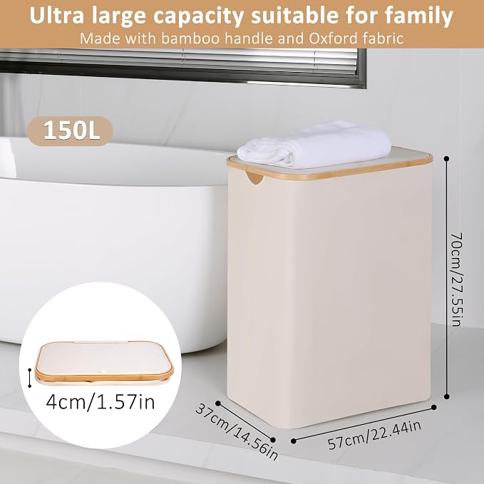 iEGrow 150L Laundry Basket with Lid,Large Laundry Hamper with Bamboo Handle,Foldable Dirty Clothes Hamper Organizer with 2 Removable Inner Bags for Clothes Towels - Beige